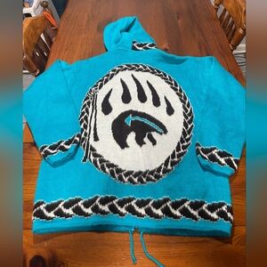 Native Kichwa Nation Artisian Alpaca Hooded Coat Tribal Bear Paw Unisex Full Zip